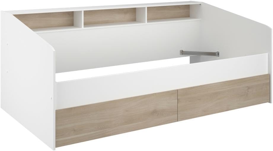 PAULETTE bed frame without mattress, showing the structure and integrated storage niches and drawers.