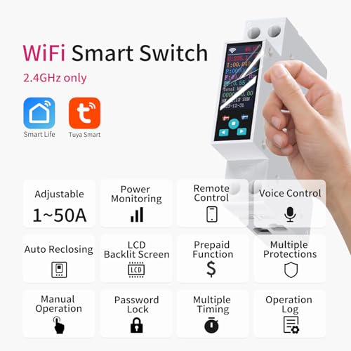 TUYA Interruptor inteligente WiFi com trilho DIN de medição 1P+N 50A