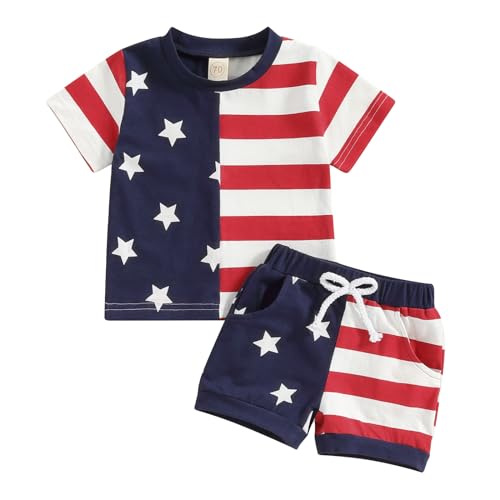 Rarjuiey Toddler Baby Boy Girl 4th Of July Outfits Short Sleeve Embroidery T-Shirt Shorts Set 2Pcs Patriots Summer Clothes (Red Stripes Stars, 0-6 Months)