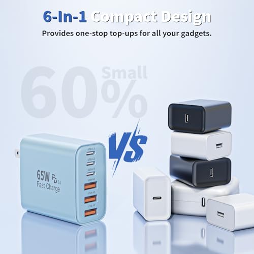 Image of 3Pack 65W USB C Charger Block,Apple USB C Charging Block 6-Port GaN Charger | PD Power Adapter+QC Wall Plug Multiport Type C Box Brick for iPhone 17 17Air 16 15 14 13 12 11 Pro Max XS,iPad,AirPods,Blue