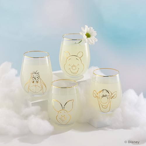Image of JoyJolt Disney Winnie the Pooh Gold Sketch Stemless Drinking Glasses Set of 4, 19oz Glass Cups ft Pooh Bear Tigger Piglet Eeyore, Disney Kitchen Glassware Set, Winnie the Pooh Adult Gifts