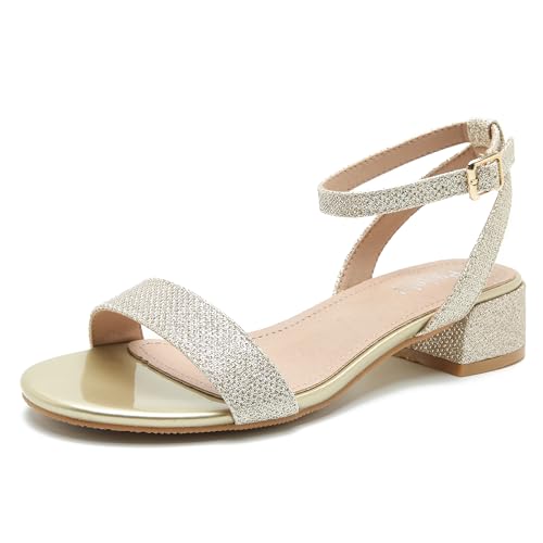 Image of Women's Ankle Strap Sandals, Low Block Heel, Open Toe Summer Dress Shoes with Buckle Closure