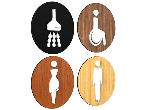 Signs - Elegant, Set 4x - Segnali Bagno Restroom Toilette a Rilievo - Simbolo Doccia, Cartelli bagno Uomo Donna Disabili Cartello Porta Doccia (Tondo)