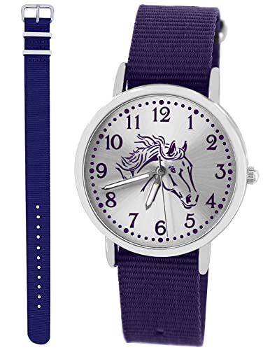 Pacific Time Kinder Armbanduhr Mädchen Junge Pferd Motivuhr Kinderuhr Set 2 Textil Armband violett + dunkel blau analog Quarz 10323