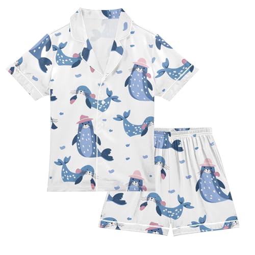 Cute Blue Seals Pajamas Set Soft Pjs Sets 2 Piece Short Sleeve Sleepwear Casual Loungewear