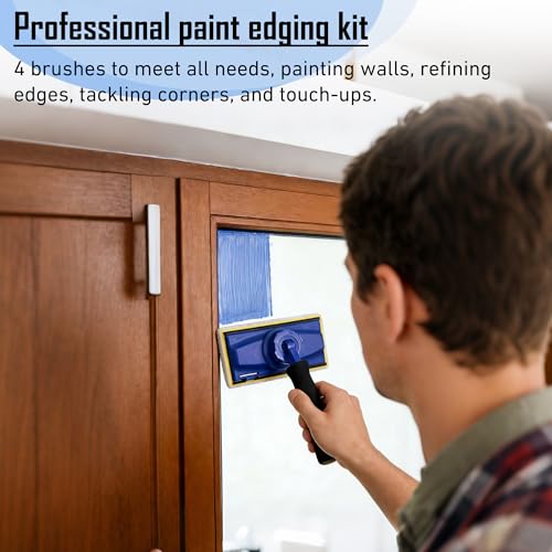 Paint Edger Tool Kit 14PCS, 9-Inch Paint Trim Edger with 360° Rotating Handle, V-Corner Painter Pad, 1-Inch Mini Detail Pad, Spill-Proof Tray, 4 Refill Pads, Rubber Gloves & 4 Clear Base Trays