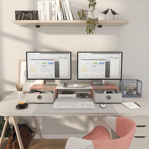 Image of WESTREE Dual Monitor Stand Riser with Two Drawers, Extra Large Storage Monitor Stand for 2 Monitors, Computer Monitor Stand with Solt, Desktop Oraganizer Stand for Computer,Laptop,Screen,Printer,TV
