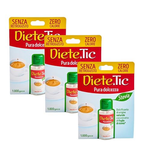 Diete.Tic, Stevia Flüssigsüßstoff Null Kalorien, Praktische 3 x 50 ml Packung (1000 Tropfen), Glutenfrei, Ohne Konservierungsstoffe, Großartig zum Süßen von Getränken, Joghurts, Obstsalaten
