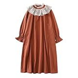 Vestido de retazos para mujer, holgado, cuello con volantes, manga larga, algodón y lino, vestido vintage suave, Naranja caramelo, M