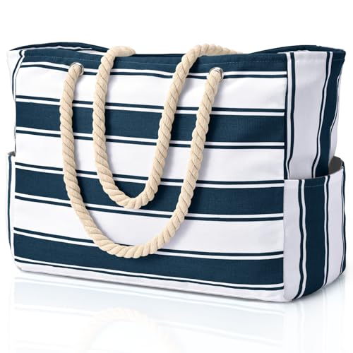 oscaurt Bolsa de playa grande impermeable con cremallera y asa de cuerda, para verano, vacaciones, viajes, compras, piscina, gimnasio, picnic, Rayas azul oscuro, XX-Large