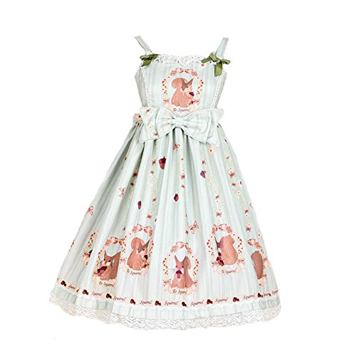 BLESSI Women's Sweet High Waist Squirrel Printing JSK Lace Bow Lolita Dress (Green, S)