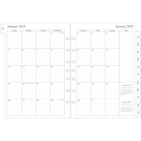 newestor 2025 Monthly Planner Refills 5-1/2" x 8-1/2" for 3-Ring or 7-Ring Mini Binders, Jan 2025 to Dec 2025, Desk Size 4, 7-Hole Punched Cover
