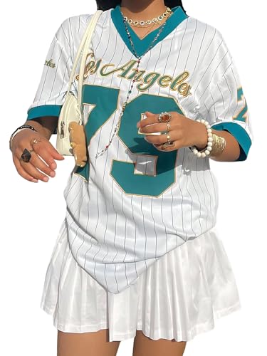 SOLY HUX Jersey Shirts for Women Y2k Oversized T Shirt Striped Number Graphic Tees V Neck Half Sleeve Streetwear Tops