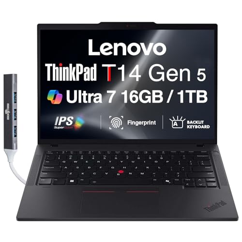 Image of Lenovo ThinkPad T14 Gen 5 AI Business Laptop 14.0 inch IPS FHD+ (Intel Core Ultra 7 155U(>i7-13700H), 16GB DDR5, 1TB SSD, Copilot, Backlit KB, Fingerprint, 2 Thunderbolt 4, 5MP Webcam, DKZ Hub, Win11P)