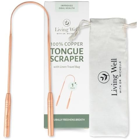 Living Well with Dr. Michelle Copper Tongue Scraper - Premium Metal Tongue Cleaner for Adults & Kids - Eliminate Bad Breath & Enhance Oral Hygiene - Includes Travel Bag Cover