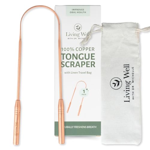 Living Well with Dr. Michelle Copper Tongue Scraper - Premium Metal Tongue Cleaner for Adults & Kids - Eliminate Bad Breath & Enhance Oral Hygiene - Includes Travel Bag