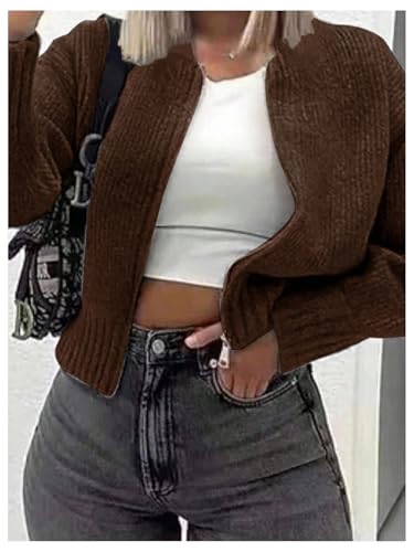 Image of GORGLITTER Women's Zip Up Cardigan Sweaters Trendy Fall Cozy Long Sleeve Knitted Autumn Winter Sweaters Jacket Dressy Brown X-Large