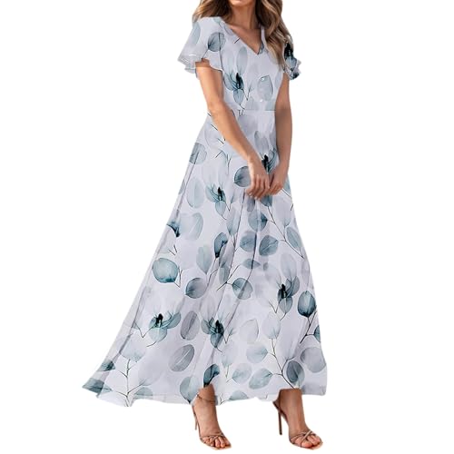 Floral Maxi Dresses for Women Summer Flutter Sleeve Long Flowy Dresses V Neck Chiffon Party Beach Dress Gray