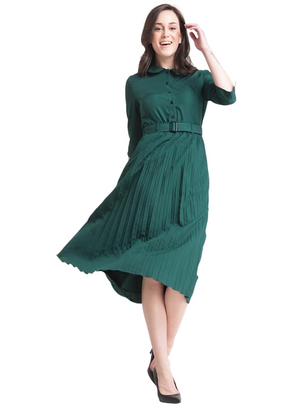 Image of FableStreet Women's Polyester Peter Pan Collar Pleated A Line Midi Dress |Women Formal Dress Smooth Fabric with Belted Waist & Front Slit for Office & Business Events