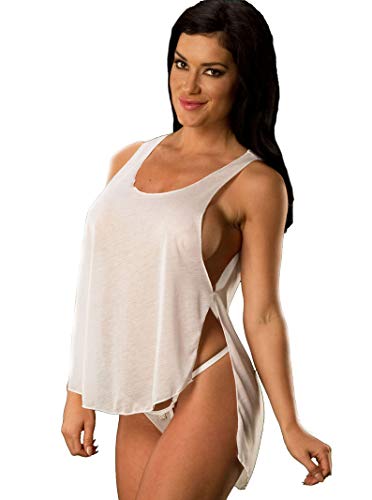 Wicked Temptations Semi Sheer Tank Sleepshirt with Deep Open Sides, Medium/Large White, Made in the USA