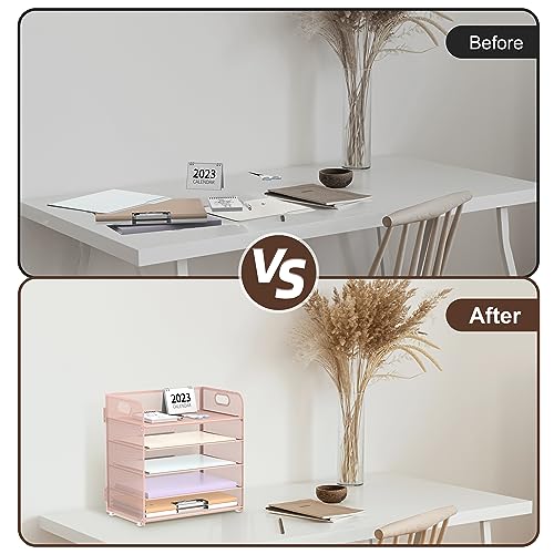 Image of Supeasy 5 Trays Paper Organizer Letter Tray with Handle-Mesh Desk File Holders, Paper Sorter Desk Organizer for Office, Home, Classroom or School, Pink