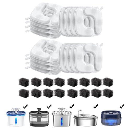 Veken Cat Water Fountain Filters 16 Pack Replacement Filters & 16 Pack Replacement Pre-Filter Sponges Set for 50oz 84oz 95oz or 108oz Automatic Pet Fountain Dog Water Dispenser