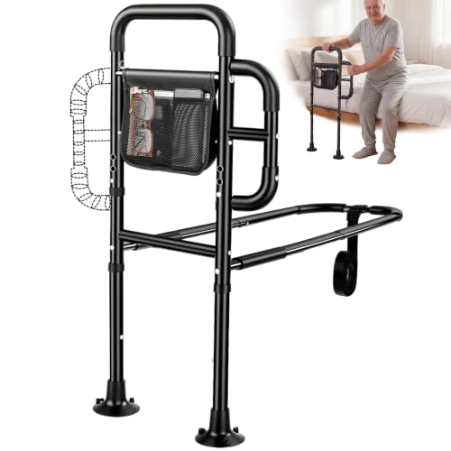 Bed Rails for Elderly Adults Safety ASTM Tested 400 LBS Bed Assist Rail with Side Assist Handle Ergonomic Foam Grip Bed Cane for Seniors Adjustable Height Thickened Carbon Steel Frame (Black)