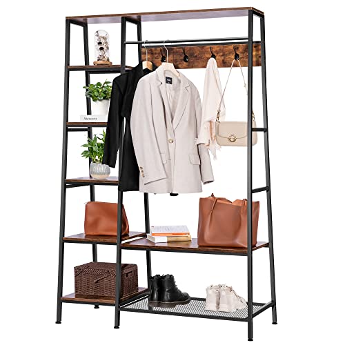 VIVOHOME Árbol de salón multifuncional con 5 capas de escalera, perchero de MDF resistente con banco de zapatos, muebles de madera industrial con marco de metal estable, 4 ganchos, marrón rústico Cover