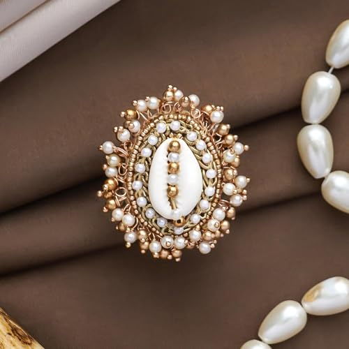 Image of SANJOYA by EVERSTYLISH Embroidered Ring for Women | Shell & Beaded Adjustable Statement Ring | Ethnic Jewelry for Weddings & Festive Occasions