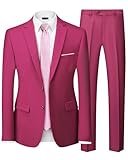 YND Men's 2 Piece Suit with Tie, 2 Button Slim Fit Solid Jacket and Pants Set, Suits for Men at Prom Party Wedding & Business, Fuchsia