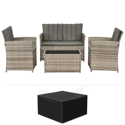 Aweather 4 Pieces Rattan Garden Furniture Set, Patio Conversation Set With Waterproof Anti-UV Furniture Cover and 4 Back Cushions