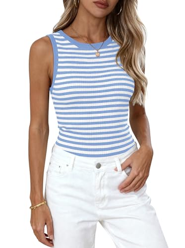 Image of PRETTYGARDEN Summer High Neck Striped Tank Tops for Women Casual Sleeveless Sweaters Basic Ribbed Knit Slim Fitted Shirts