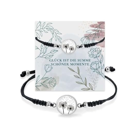 Miss Lovie Armband Damen Pusteblume Stoff mit Edelstahl Anhänger Glücksbringer Wunscherfüller im Charm Design Geschenk für Freundin Schwarz