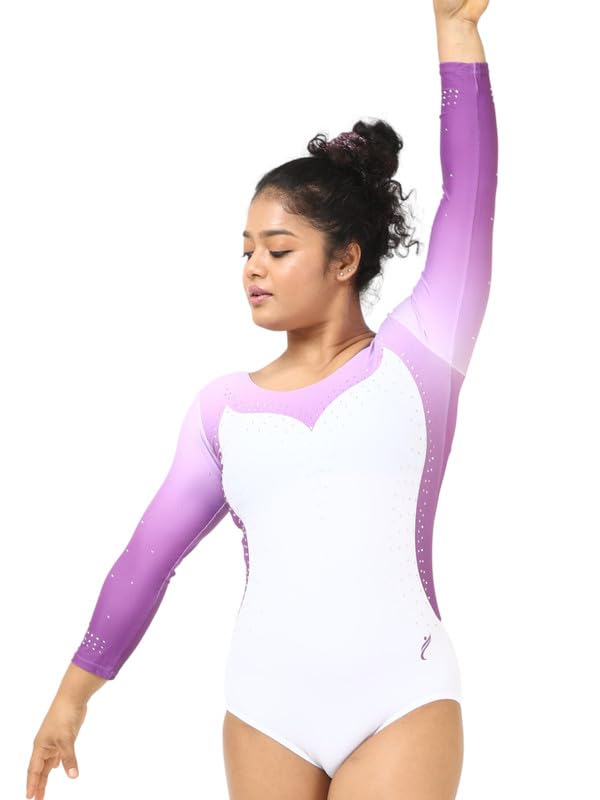 Image of IKAANYA Girls or Women Full Sleeves Rhinestones Leotard - Ideal for Gymnastics, Dance, Yoga, Acrobatics or Performance (Toddlers, Kids, Adults)