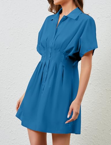 Image of Women Summer Short Sleeve Button Front Pleated Shirt Dress Striped Collar V Neck Casual Y2k Swing Short Mini Dress