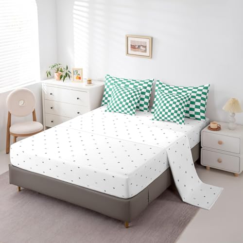 Image of Erosebridal Green Checkered Queen Bed in A Bag 7 Piece White Emerald Green Checkerboard Bedding Set,Buffalo Plaid Grid Comforter Set with Sheets for Kids Adults Aesthetic Geometric Gingham Bed Set