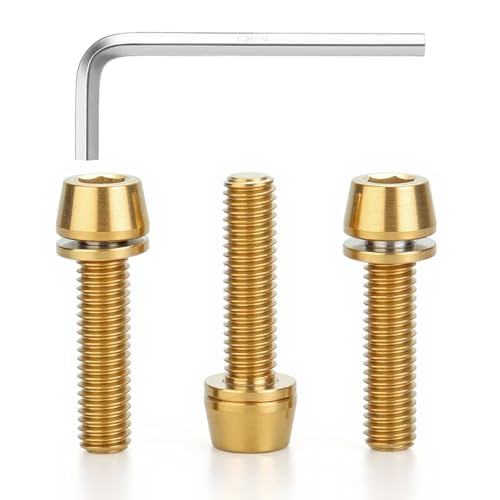 Image of 3 pcs M5 x 16 Titanium Allen Hex Bolts with Washer Screws & Wrench, for Bicycle Stems /Bike Handlebars /Brake Systems /Motorcycles /Camping Gear, Tapered Head Anti-Corrosion Fasteners(Golden)