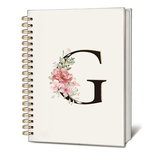 Carnet à spirale personnalisé initiale G, journal intime et cahier de notes floral rose 14x21