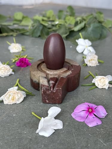 Image of Shivam VASTU AKAL 1.5 inch Original Narmadeshwar Narmada Shivling with 3 inch Narmada Stone Yoni Base Jaladhari (Swayambhu Shivling, Multicolor Flate Jaladhari)