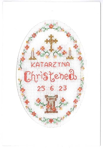 Lifetime Samplers & Decorative Textiles Christening Card with a Delicate Pink Border and Beads - Complete Cross Stitch kit on 16 aida