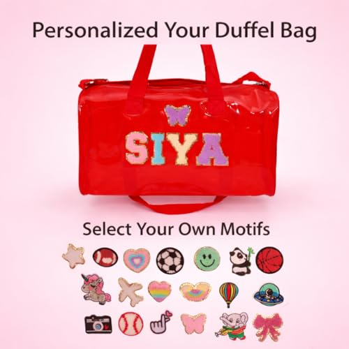 Image of AICA Personalized Name Embroidered Letters & Patch Duffle Bag for Kids Boys & Girls Age 1-18 Years Age Group (Red) | Gift for Boys Girls Kids