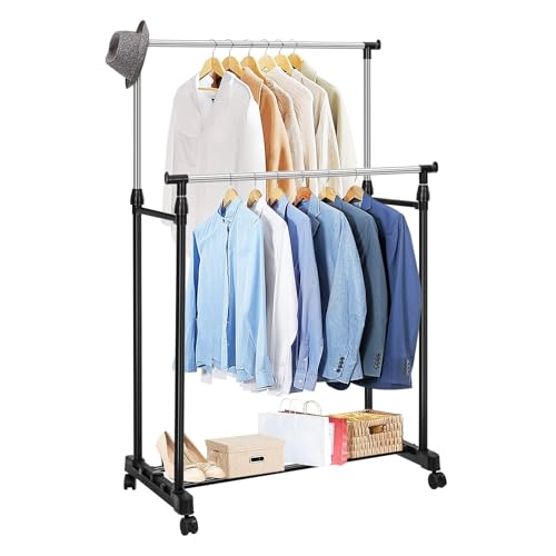 Youyijia Double Rail Clothes Rail, Portable Clothes Rack on Wheels, Extendable Hanging Rails for Clothes,Display Rack for Bedroom laundry rooms
