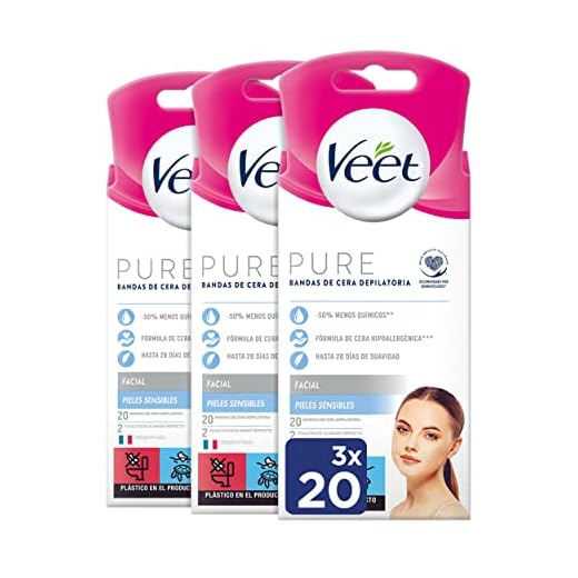 Veet Bandas de Cera Fria Depilatoria para Depilación Facial con Aceite de Almendras y Aroma de Aciano, Easy Gelwax, Pieles Sensibles, 3 x 20 Bandas, Total 60 Unidades