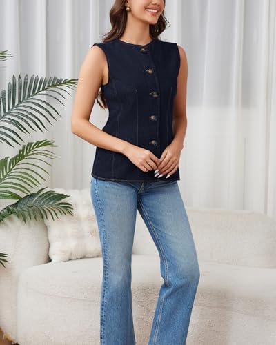 Women's Button Down Denim Vest Crewneck Slim Fit Waistcoat Casual Jean Tank Top2