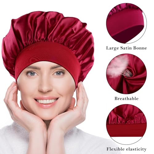 3 Stück Seidenhaube zum Schlafen, Schlafhaube Seide Silk Bonnet Satin Bonnet Sleep Cap Schlafhaube Haare Schützen Lockenhaube zum Schlafen Bonnet Seide Satin Haarhaube für Die Nacht(Schwarz,Rosa,Rot)