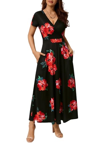 Image of HUHOT Women's Short Sleeve Wrap V Neck Dresses for Wedding Guest Summer Floral Maxi Sundresses with Pockets Boho Dress