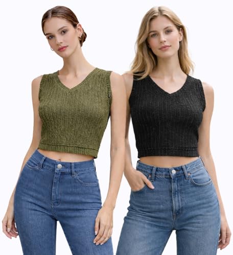 Image of Amazon Brand - INKAST Women Women's Textured Sleeveless Ribbed Knit V-Neck Crop Top (Pack of 2)