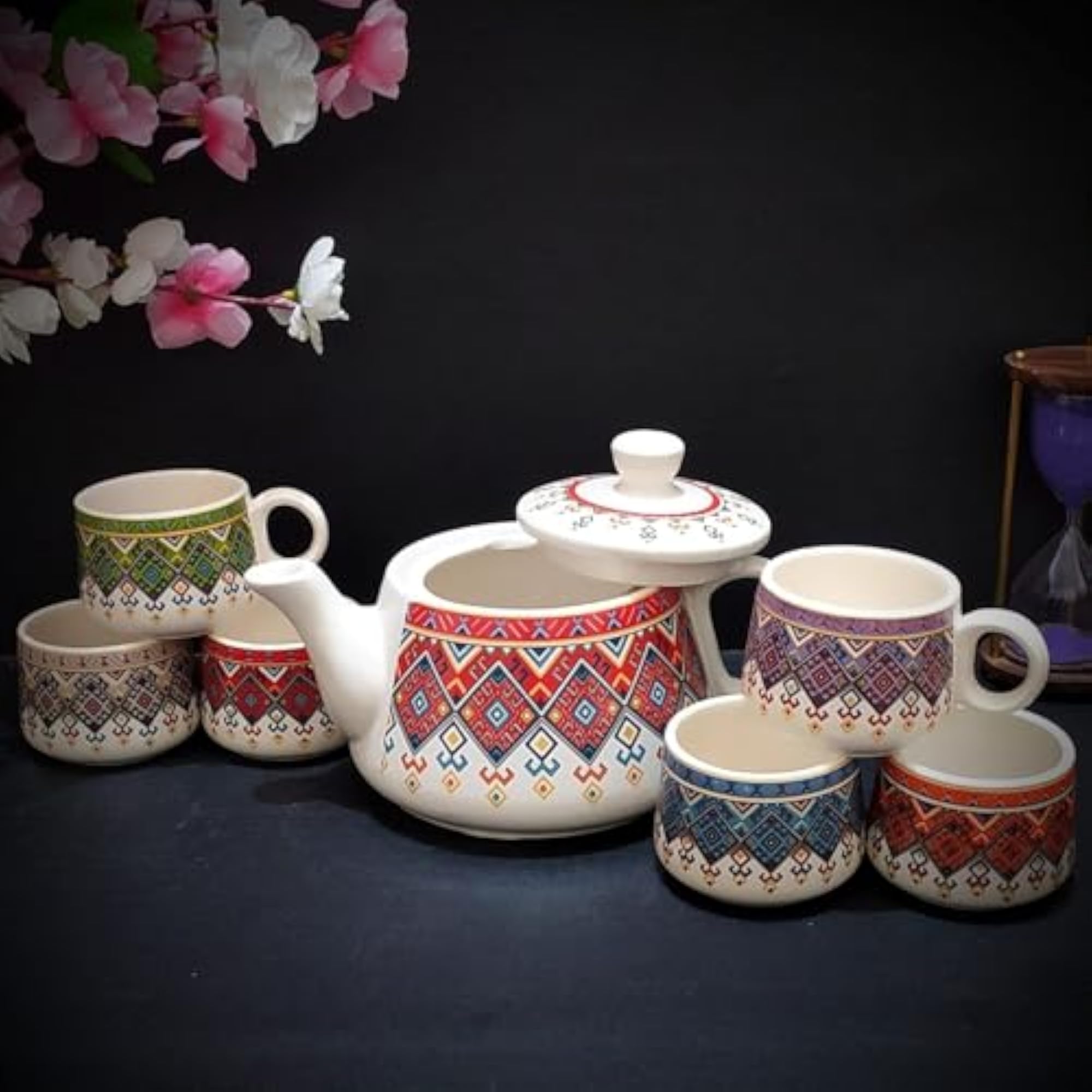 Ceramic Rajasthani Art Design Kettle with Cup Set