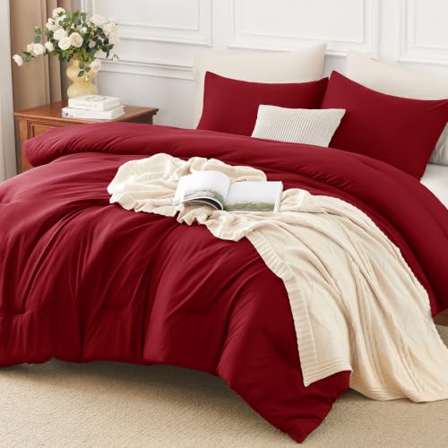 Image of HIMEET Full Size Comforter Sets, 3 Pieces with 2 Pillowcases, Dark Red | 270GSM Down Alternative Fill, Oeko-TEX Certified, 8 Corner Ties Quilted, All Season, Fluffy Bed Set, Bedroom Decor Bedding