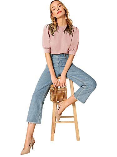 Shein Women's Puff Sleeve Casual Solid Top Pullover Keyhole Back Blouse Pink Large #TOP4